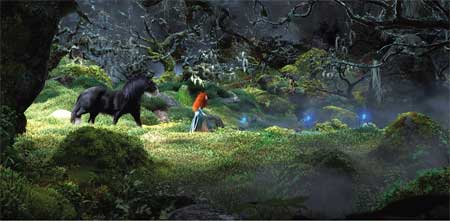 Merida walking with her horse through the scottish landscape