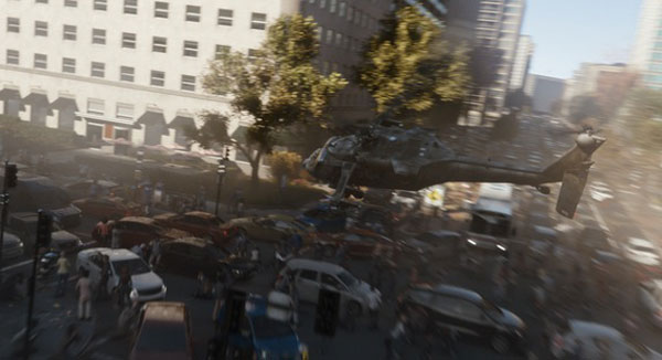 White House Down Helicopter hovering on street