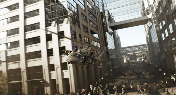 White House Down Helicopter flying between buildings