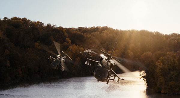 White House Down Helicopter flying over river